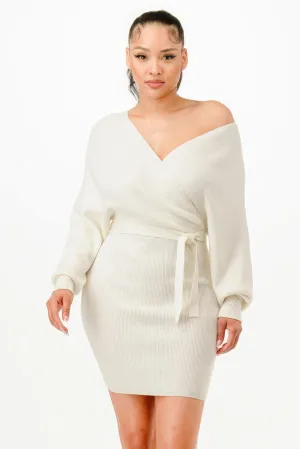 Ivory Off Shoulder Wrap Belted Ribbed Sweater Dress