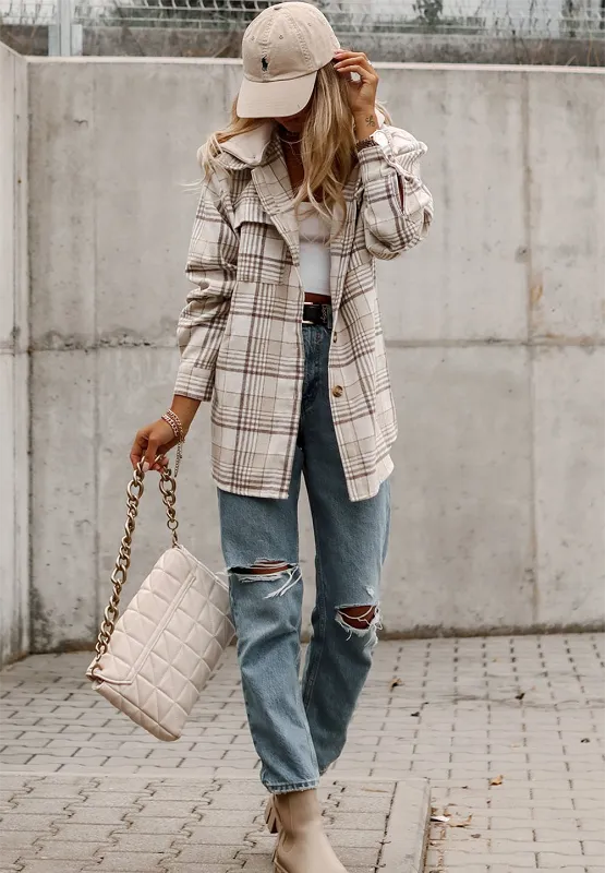 Ivy Plaid Removable Hood Button Up Shacket