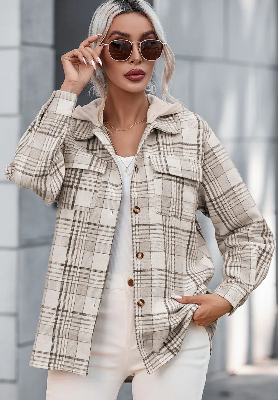 Ivy Plaid Removable Hood Button Up Shacket