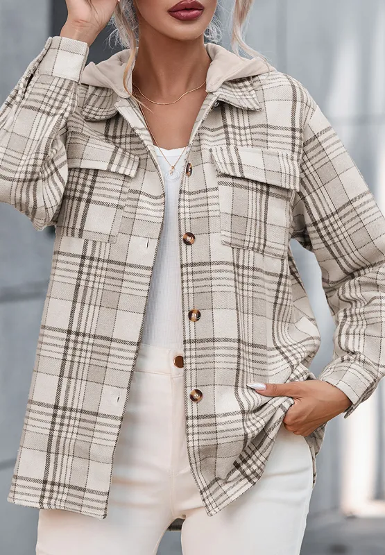 Ivy Plaid Removable Hood Button Up Shacket