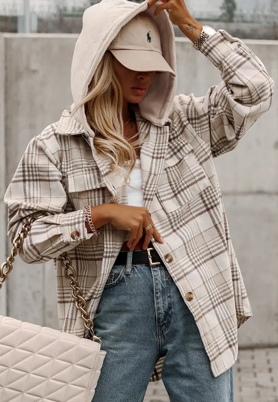 Ivy Plaid Removable Hood Button Up Shacket