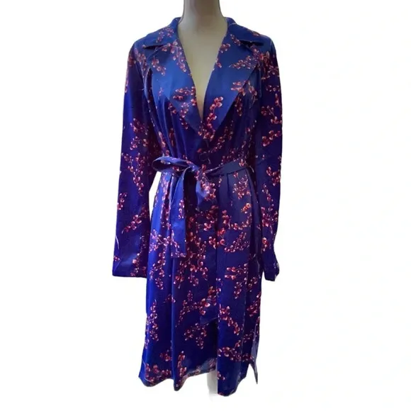 Jason Wu Woven Printed Floral Blue Trench Coat Size Large