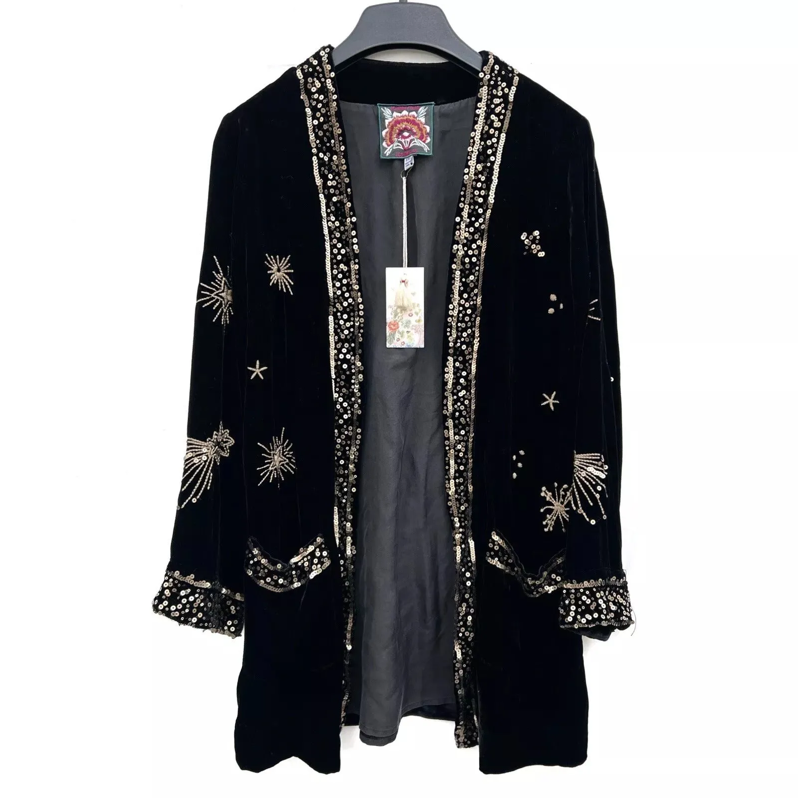 Johnny Was Aruna Velvet Smoking Jacket Embroidered Gold Sun Kimono Black NEW