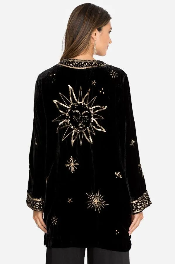 Johnny Was Aruna Velvet Smoking Jacket Embroidered Gold Sun Kimono Black NEW