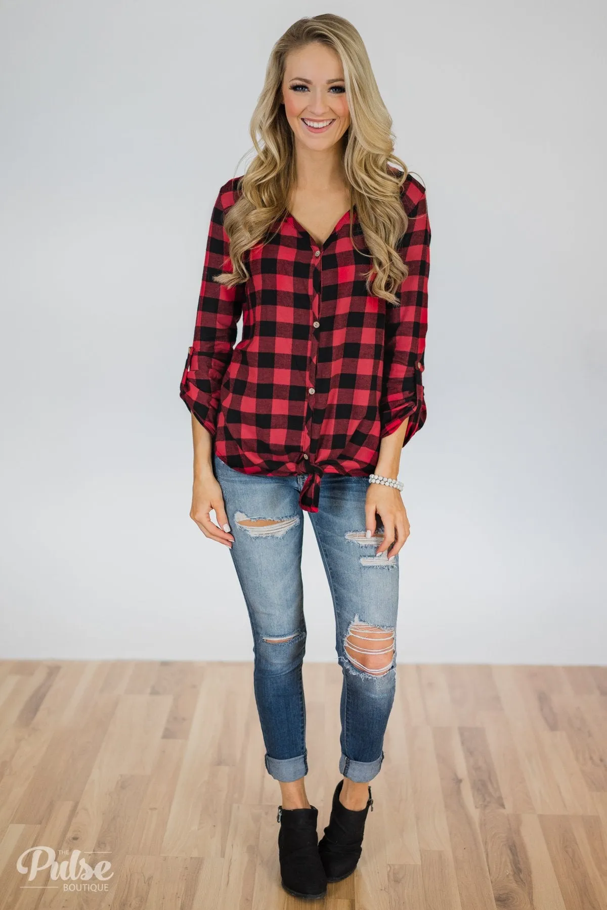 Keep It Coming Buffalo Plaid Button Up Top