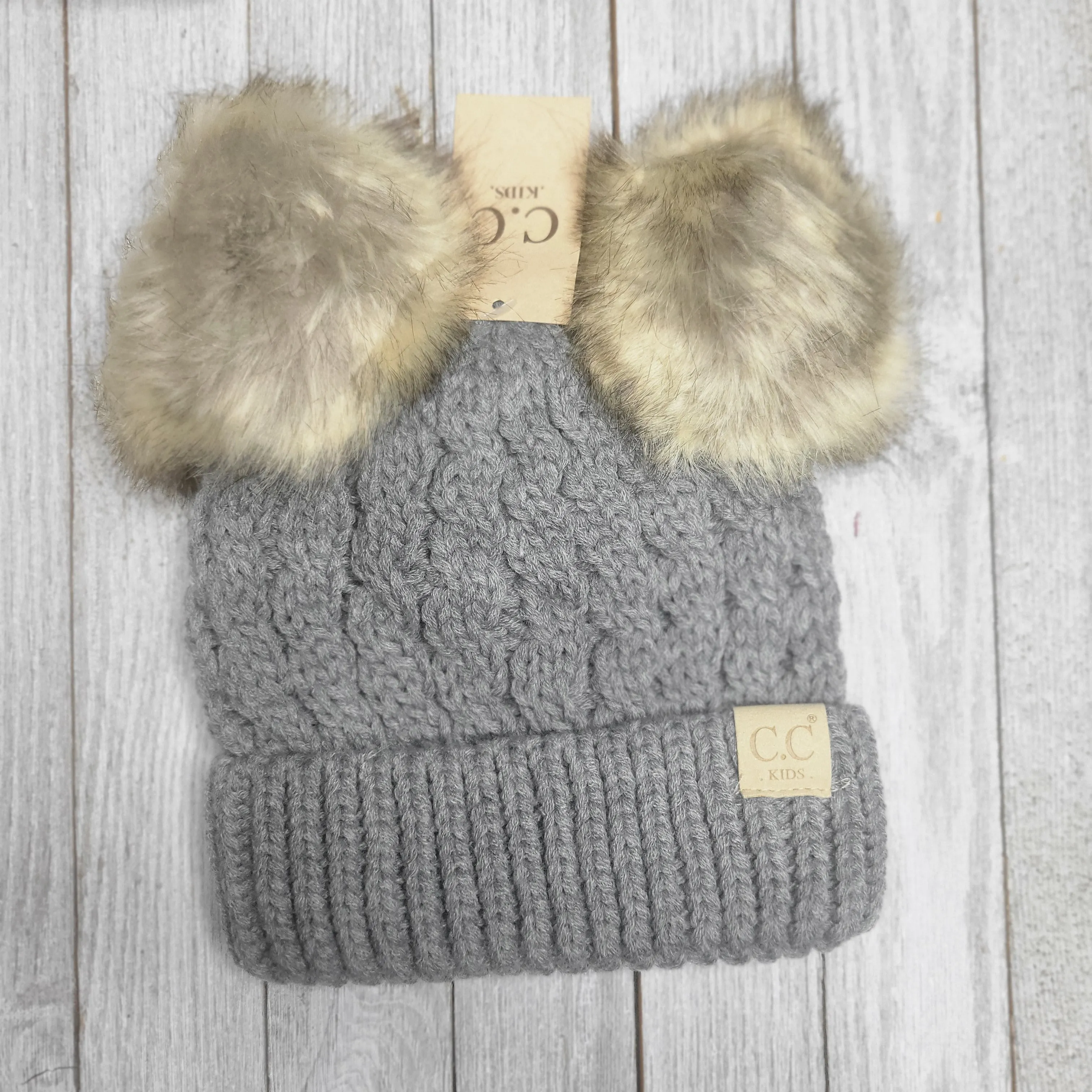 Kids Cable Knit Double Fur Pom CC Beanie