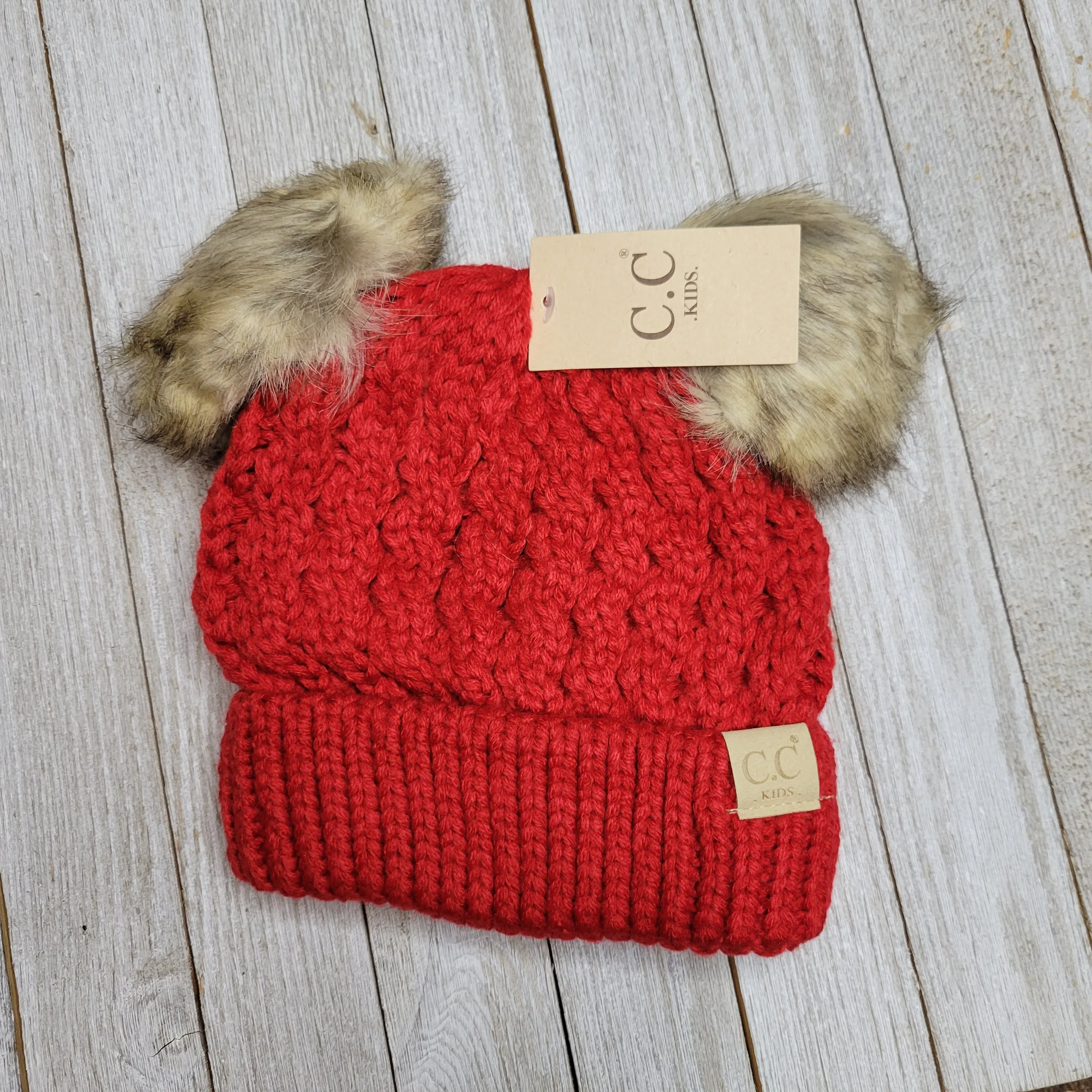 Kids Cable Knit Double Fur Pom CC Beanie