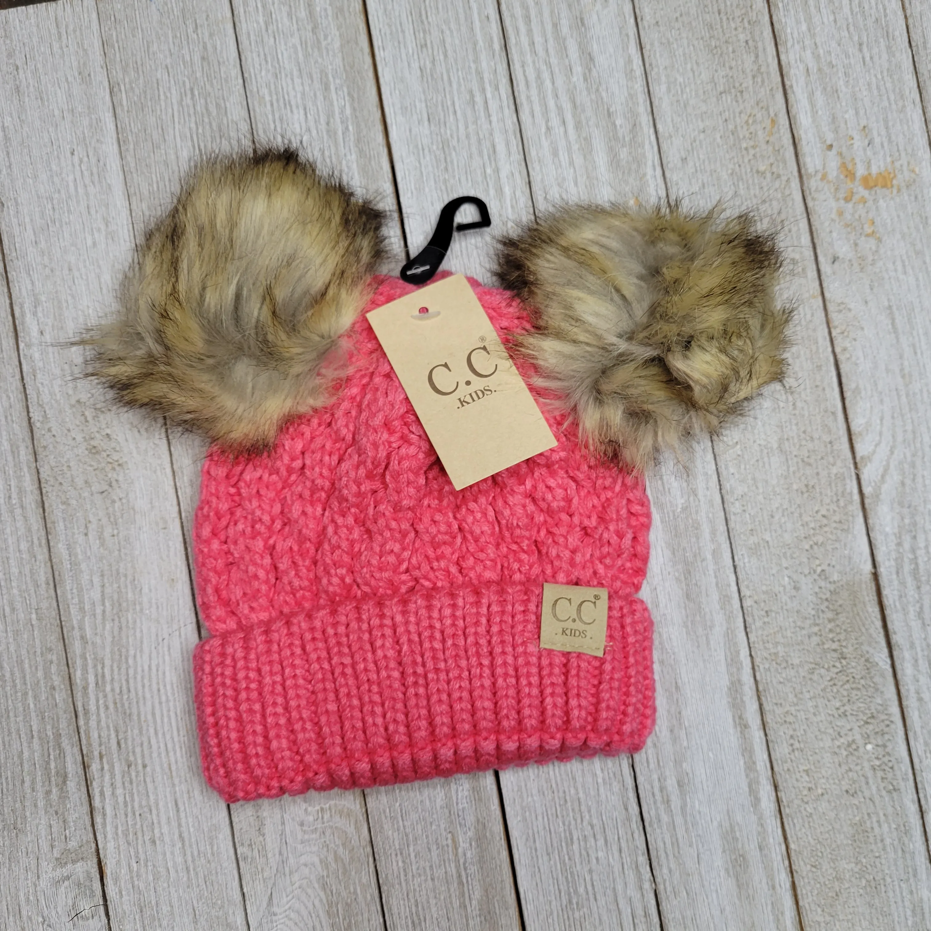 Kids Cable Knit Double Fur Pom CC Beanie