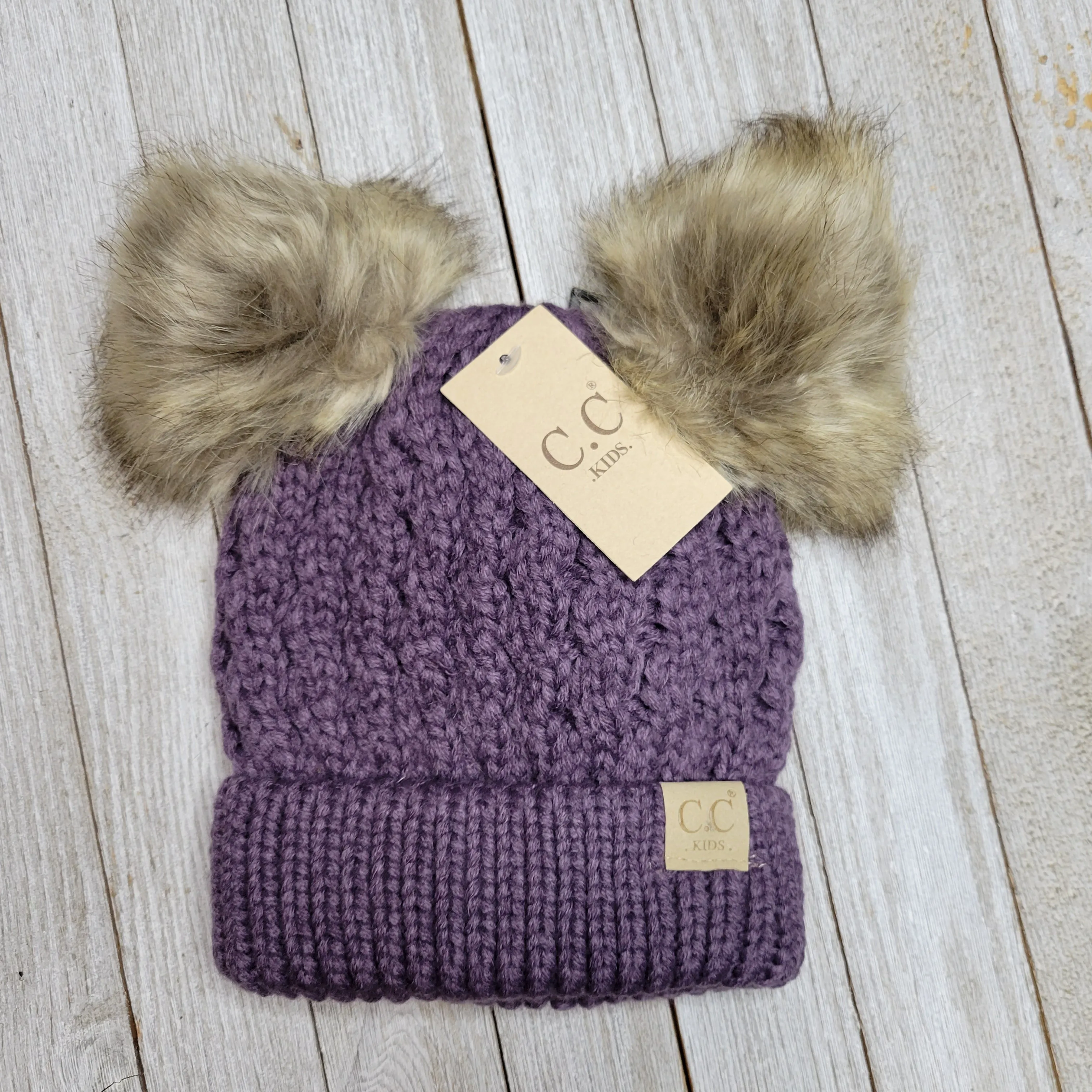 Kids Cable Knit Double Fur Pom CC Beanie