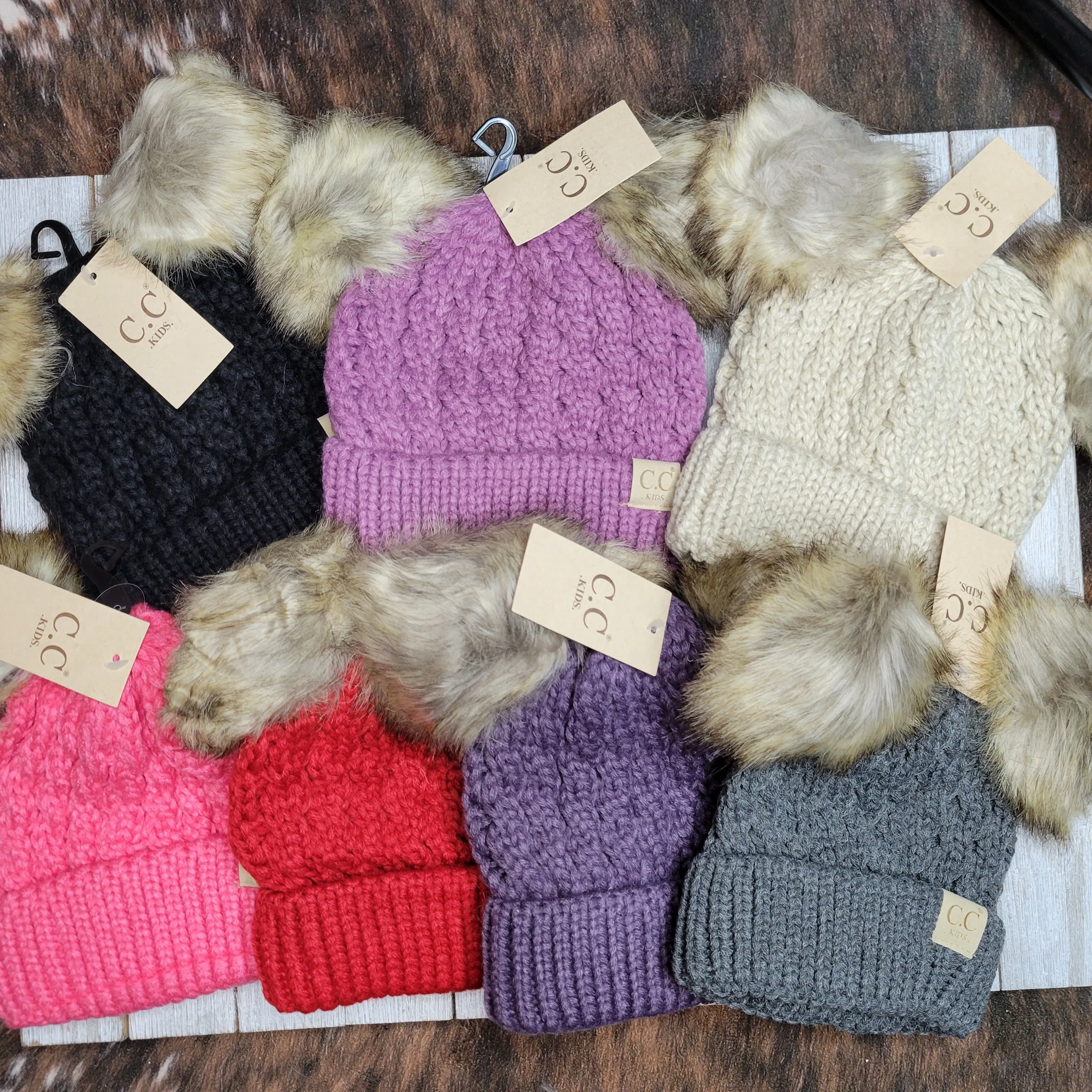 Kids Cable Knit Double Fur Pom CC Beanie