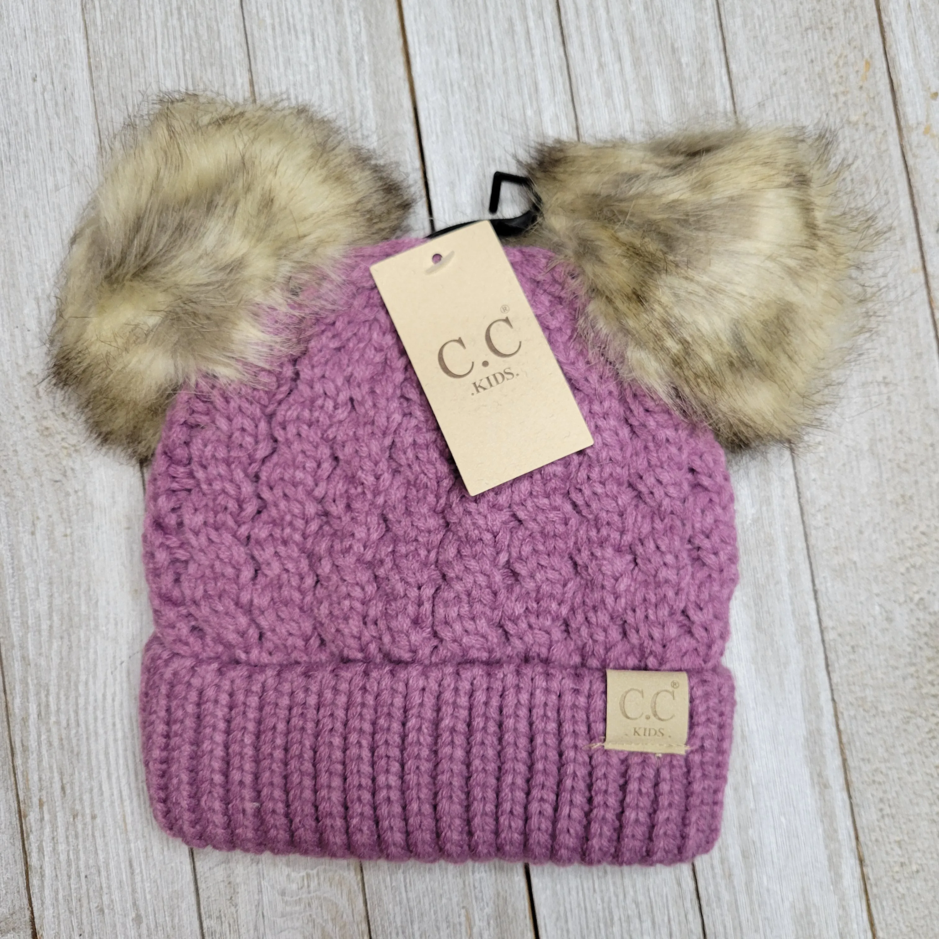 Kids Cable Knit Double Fur Pom CC Beanie