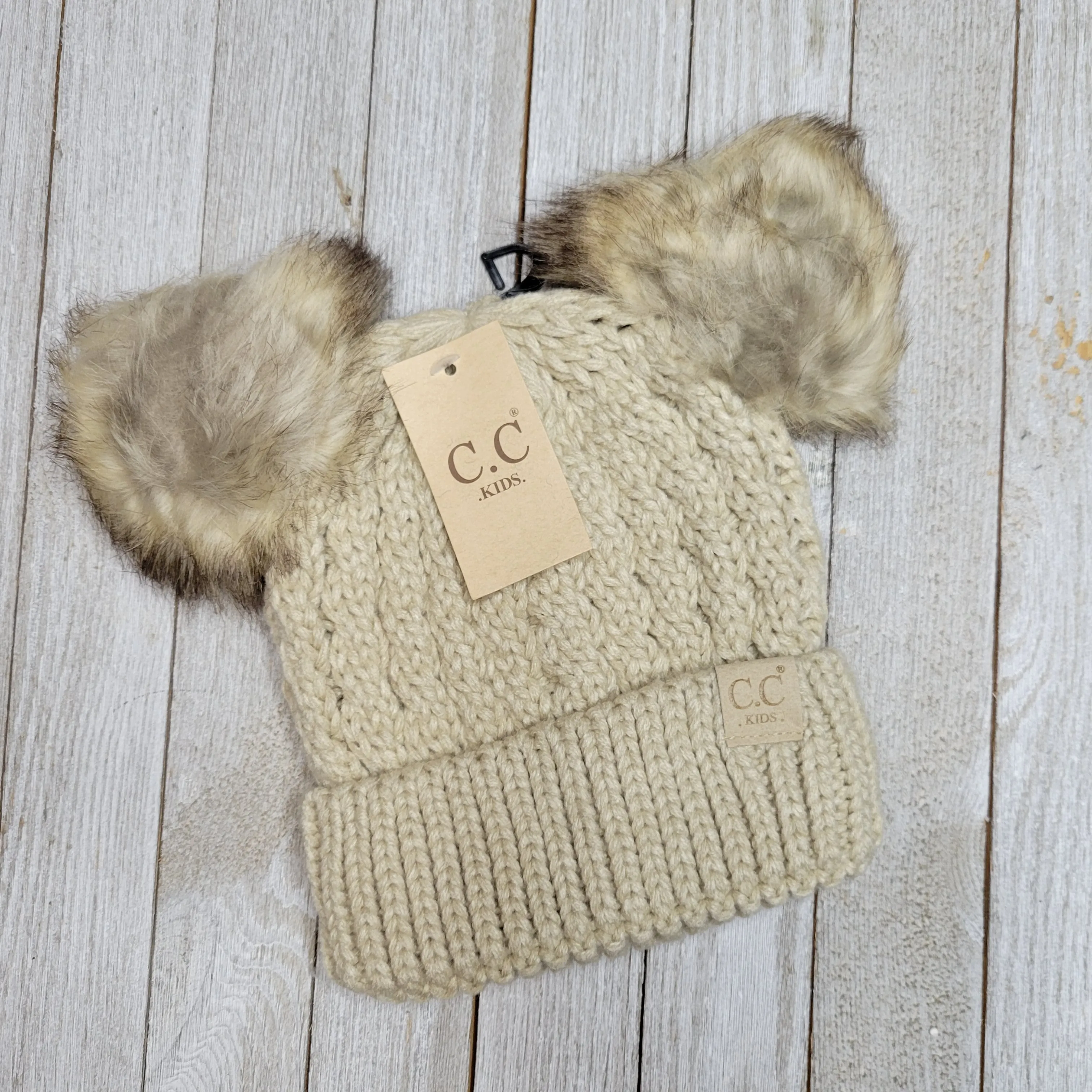 Kids Cable Knit Double Fur Pom CC Beanie