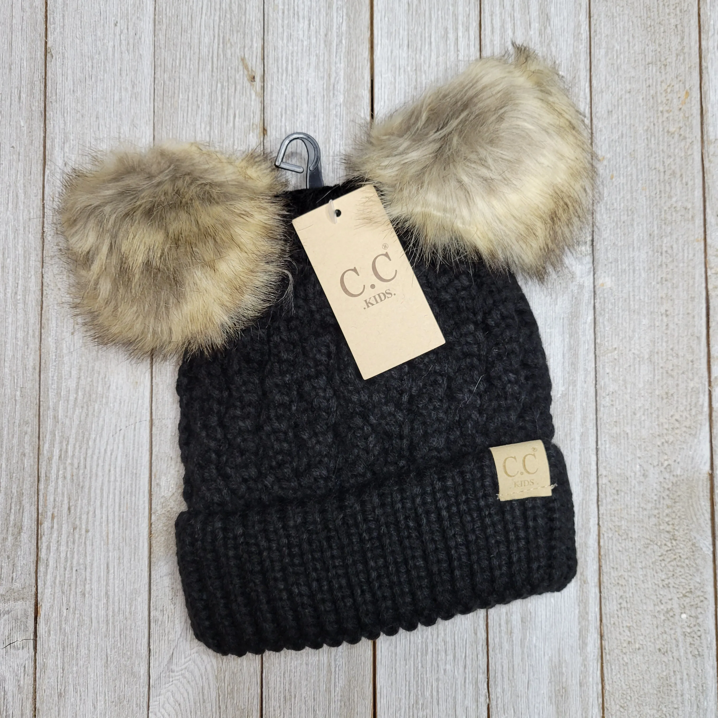 Kids Cable Knit Double Fur Pom CC Beanie