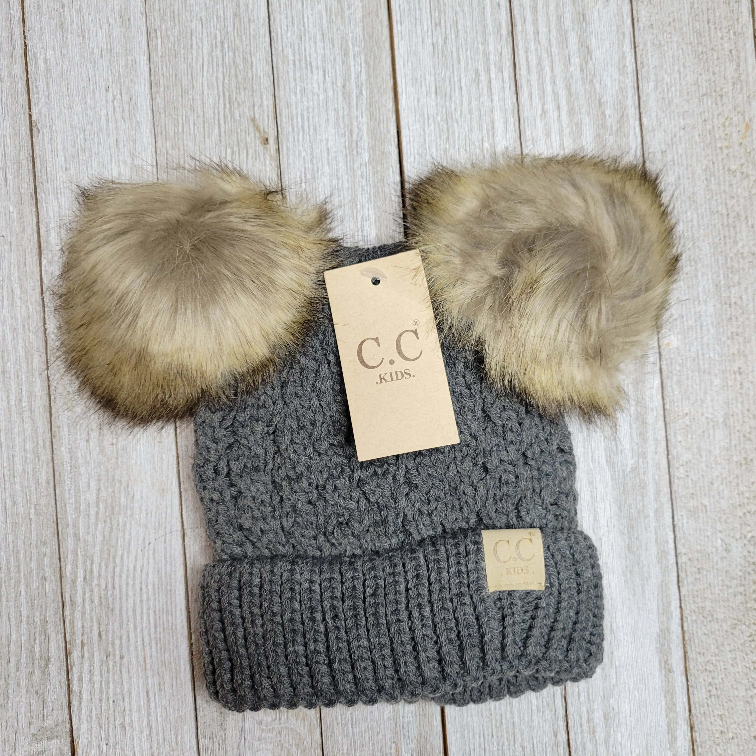 Kids Cable Knit Double Fur Pom CC Beanie