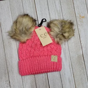 Kids Cable Knit Double Fur Pom CC Beanie