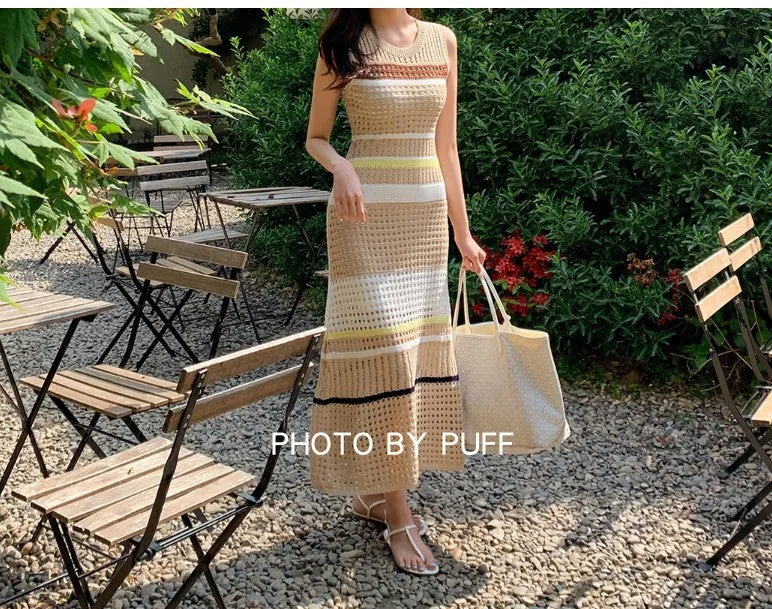 Knit Hollow-out Round Neck Sweater Midi Dresses