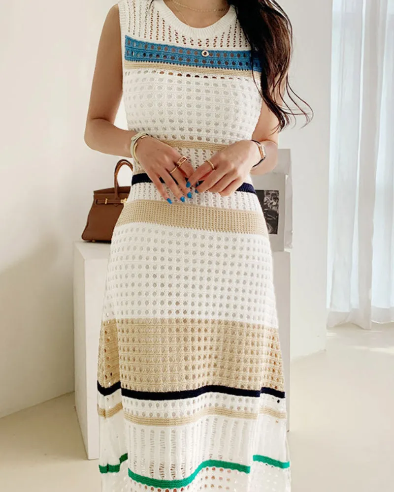 Knit Hollow-out Round Neck Sweater Midi Dresses