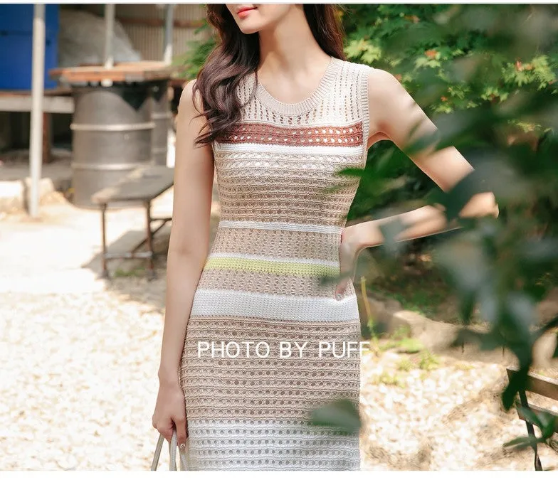 Knit Hollow-out Round Neck Sweater Midi Dresses
