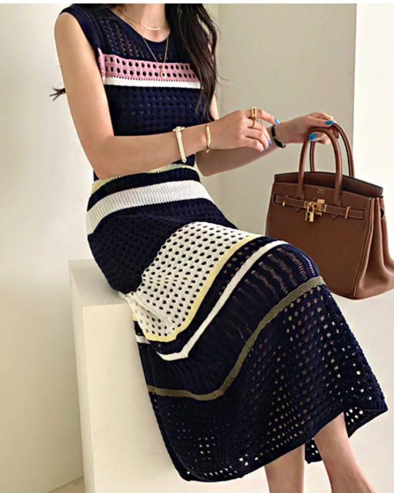 Knit Hollow-out Round Neck Sweater Midi Dresses