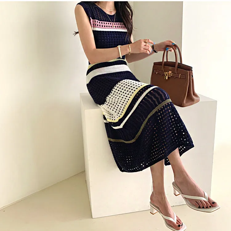 Knit Hollow-out Round Neck Sweater Midi Dresses