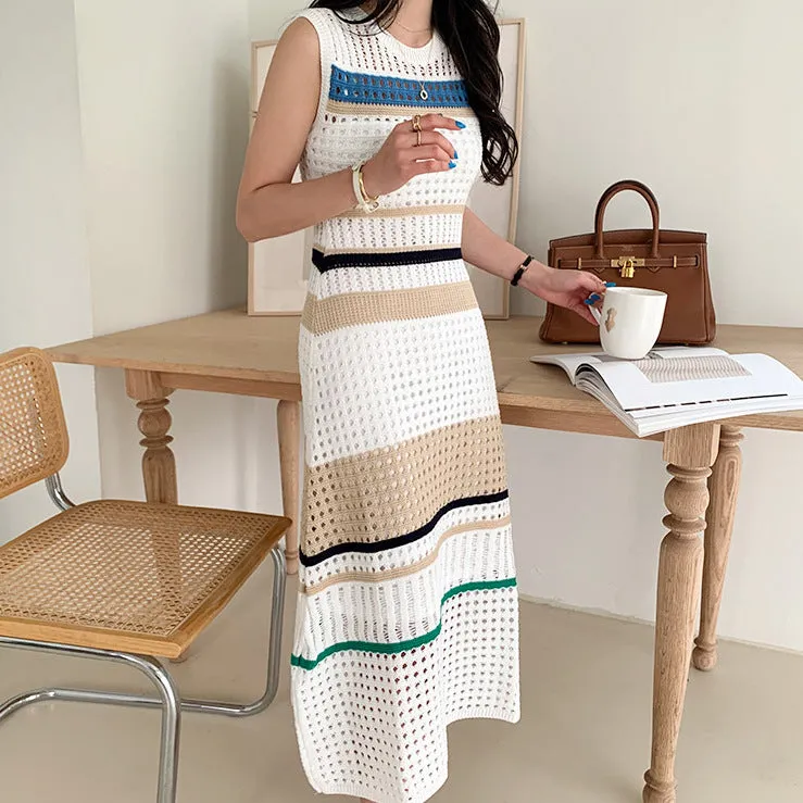 Knit Hollow-out Round Neck Sweater Midi Dresses