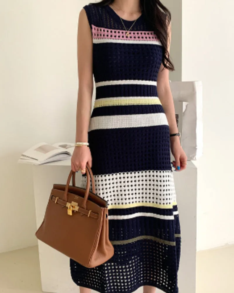 Knit Hollow-out Round Neck Sweater Midi Dresses