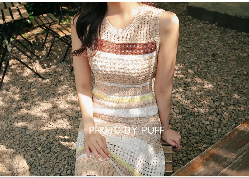Knit Hollow-out Round Neck Sweater Midi Dresses