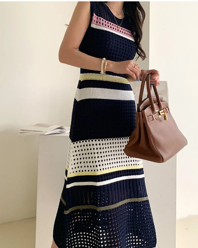 Knit Hollow-out Round Neck Sweater Midi Dresses