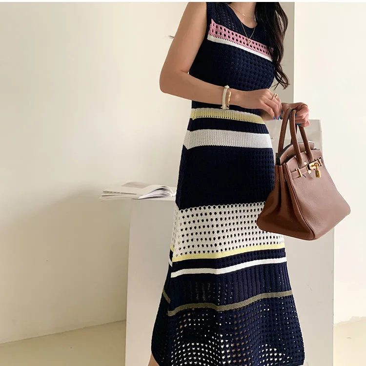 Knit Hollow-out Round Neck Sweater Midi Dresses
