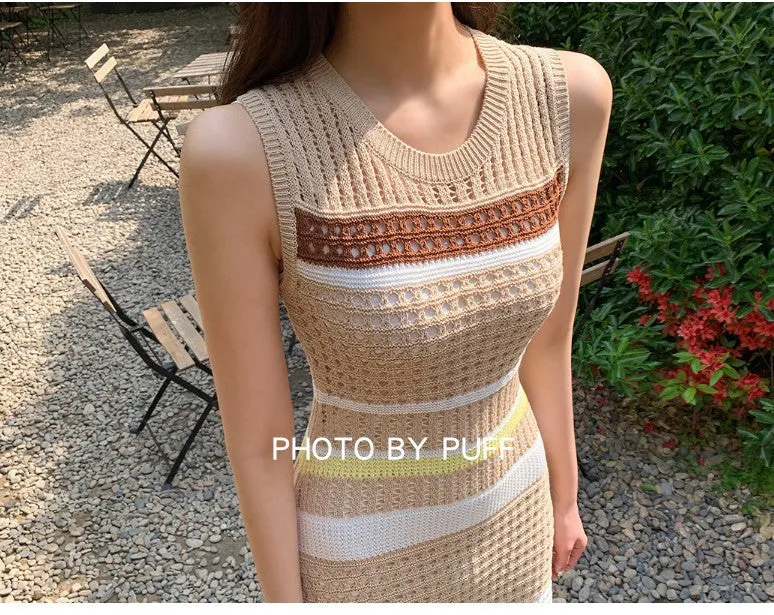 Knit Hollow-out Round Neck Sweater Midi Dresses