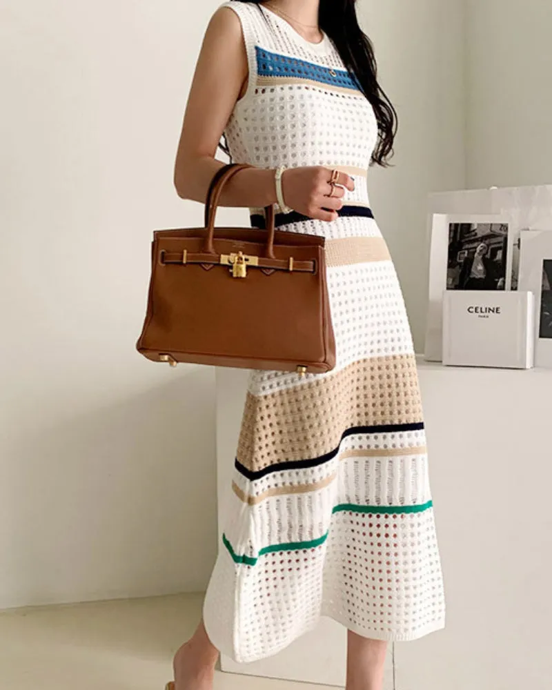 Knit Hollow-out Round Neck Sweater Midi Dresses