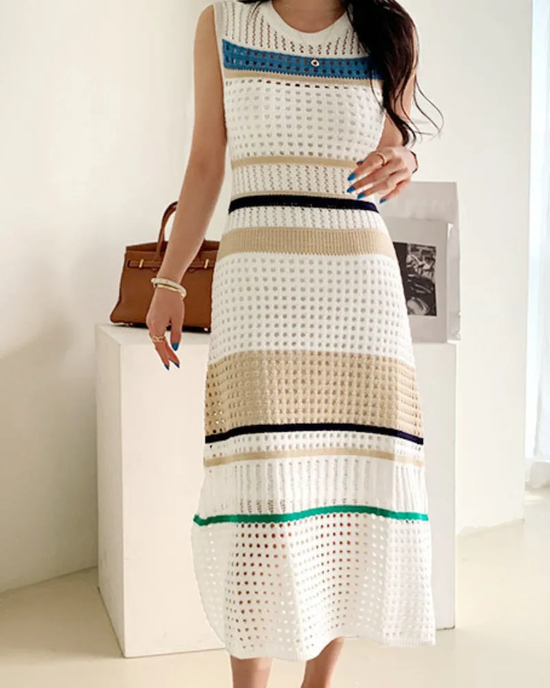 Knit Hollow-out Round Neck Sweater Midi Dresses