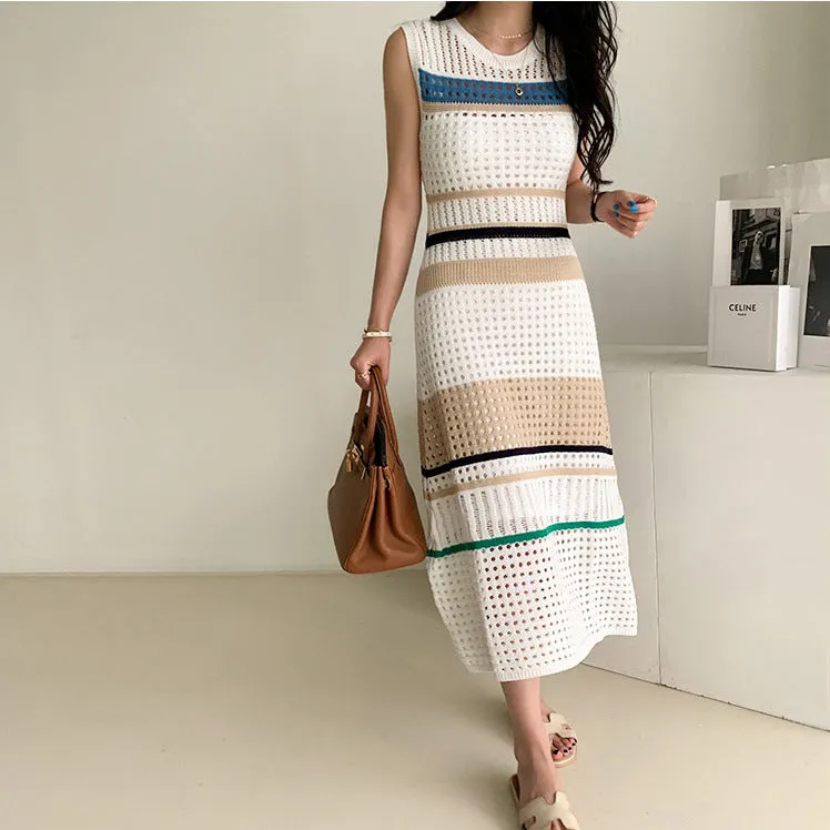 Knit Hollow-out Round Neck Sweater Midi Dresses