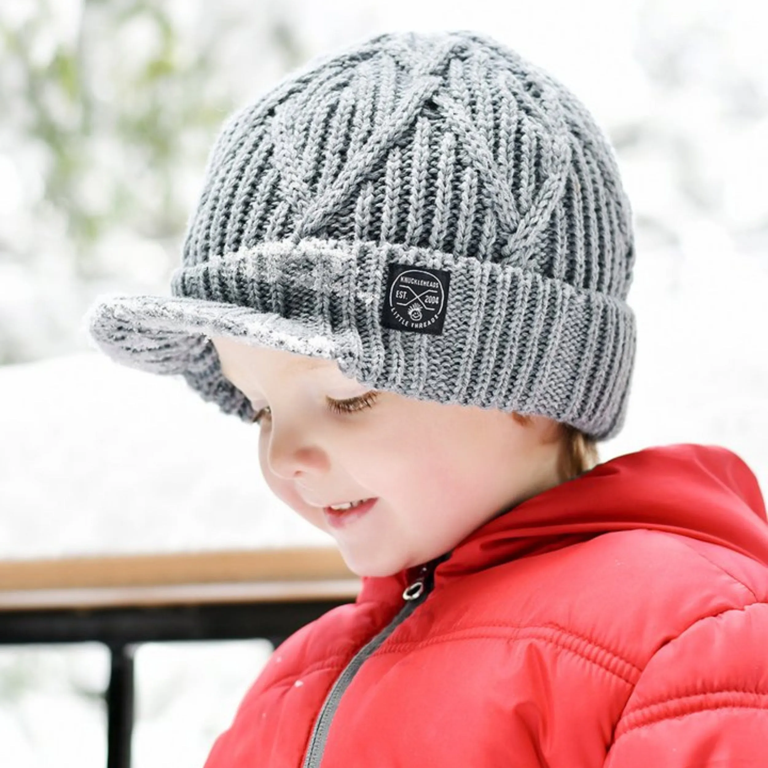 Knuckleheads Gray Boy's Baby Visor Beanie Hat with Stripes Detail, Gray Cable Knit