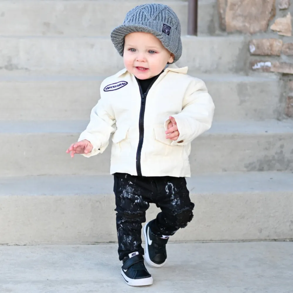 Knuckleheads Gray Boy's Baby Visor Beanie Hat with Stripes Detail, Gray Cable Knit