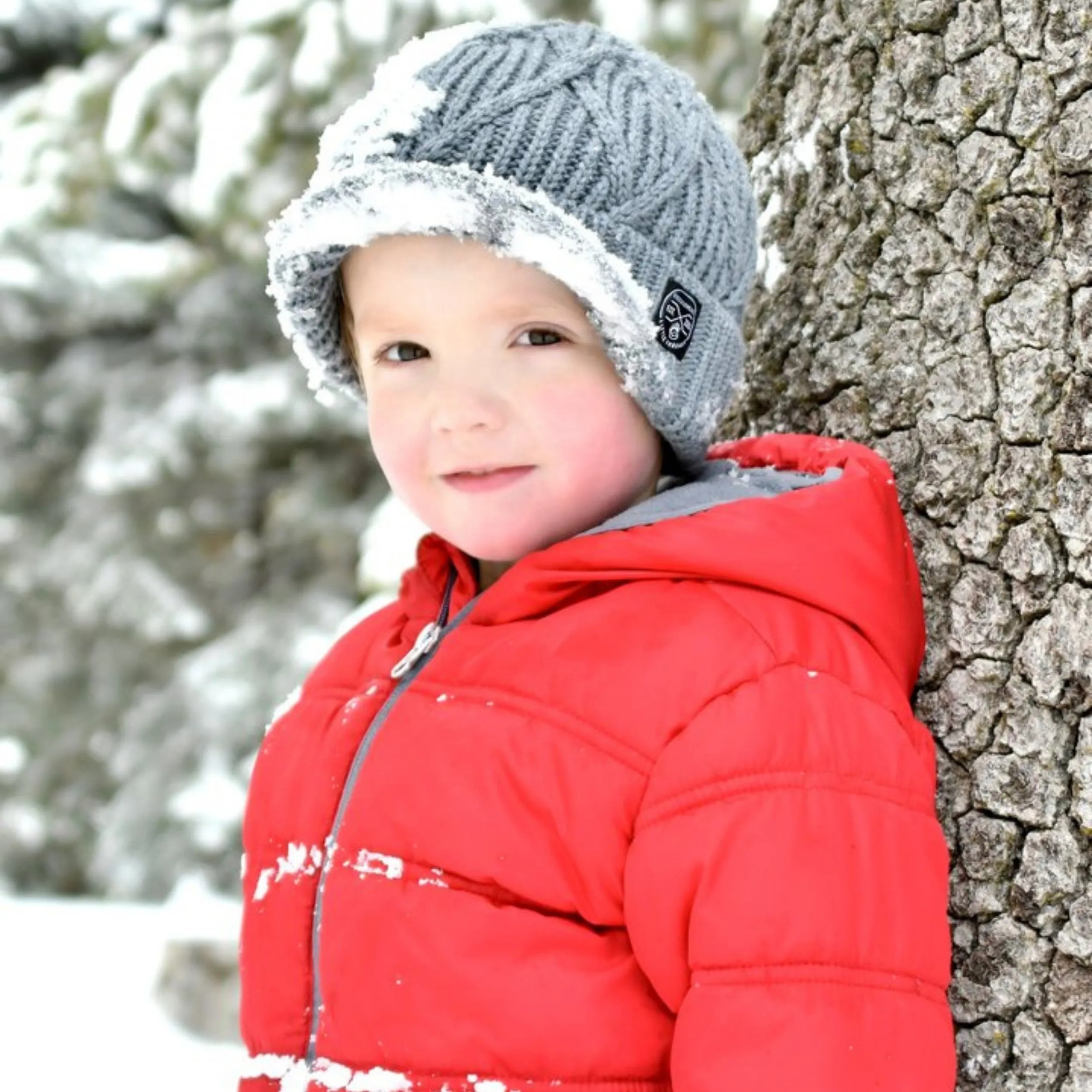 Knuckleheads Gray Boy's Baby Visor Beanie Hat with Stripes Detail, Gray Cable Knit