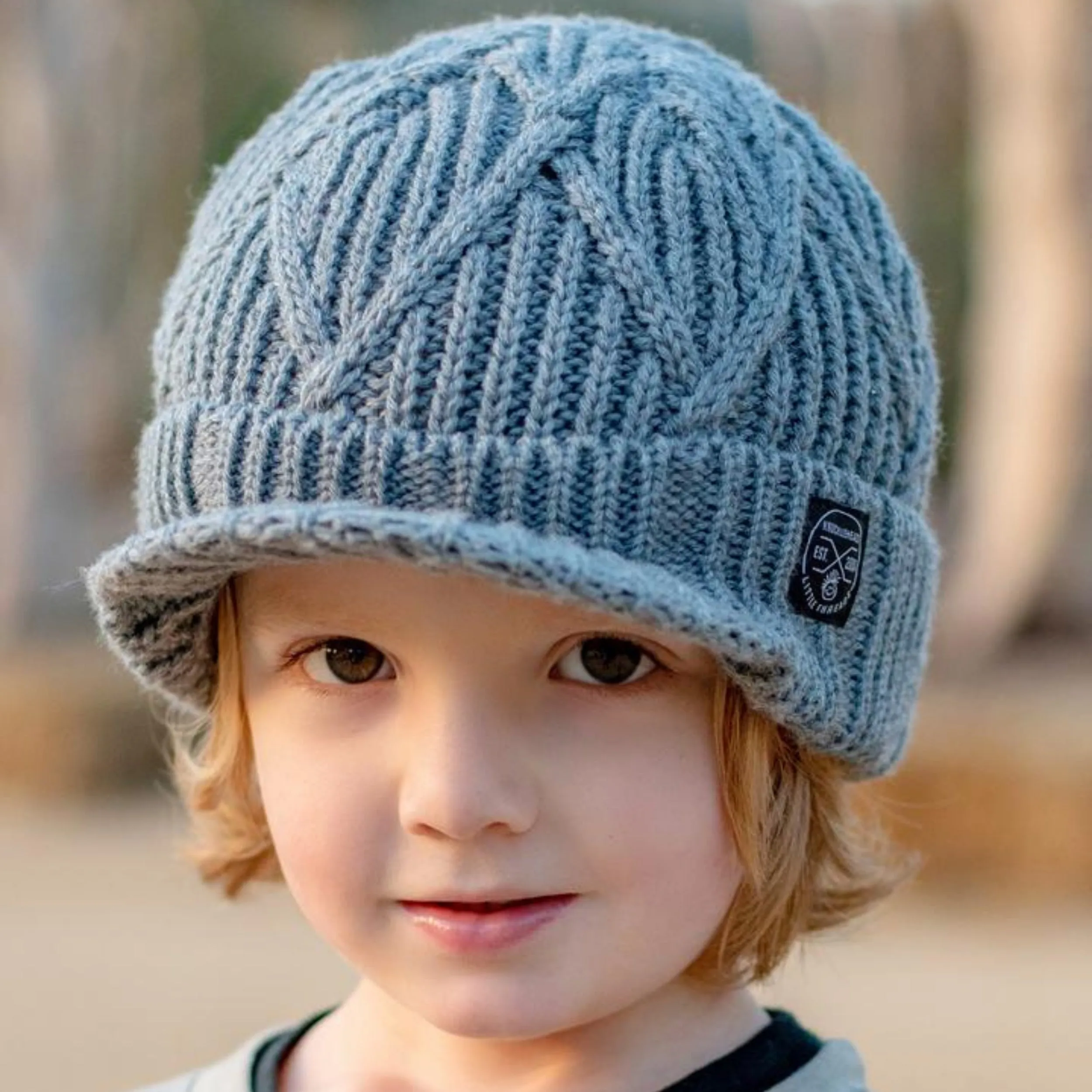 Knuckleheads Gray Boy's Baby Visor Beanie Hat with Stripes Detail, Gray Cable Knit