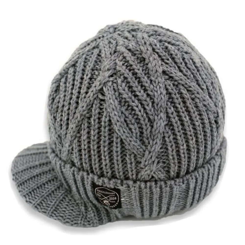 Knuckleheads Gray Boy's Baby Visor Beanie Hat with Stripes Detail, Gray Cable Knit
