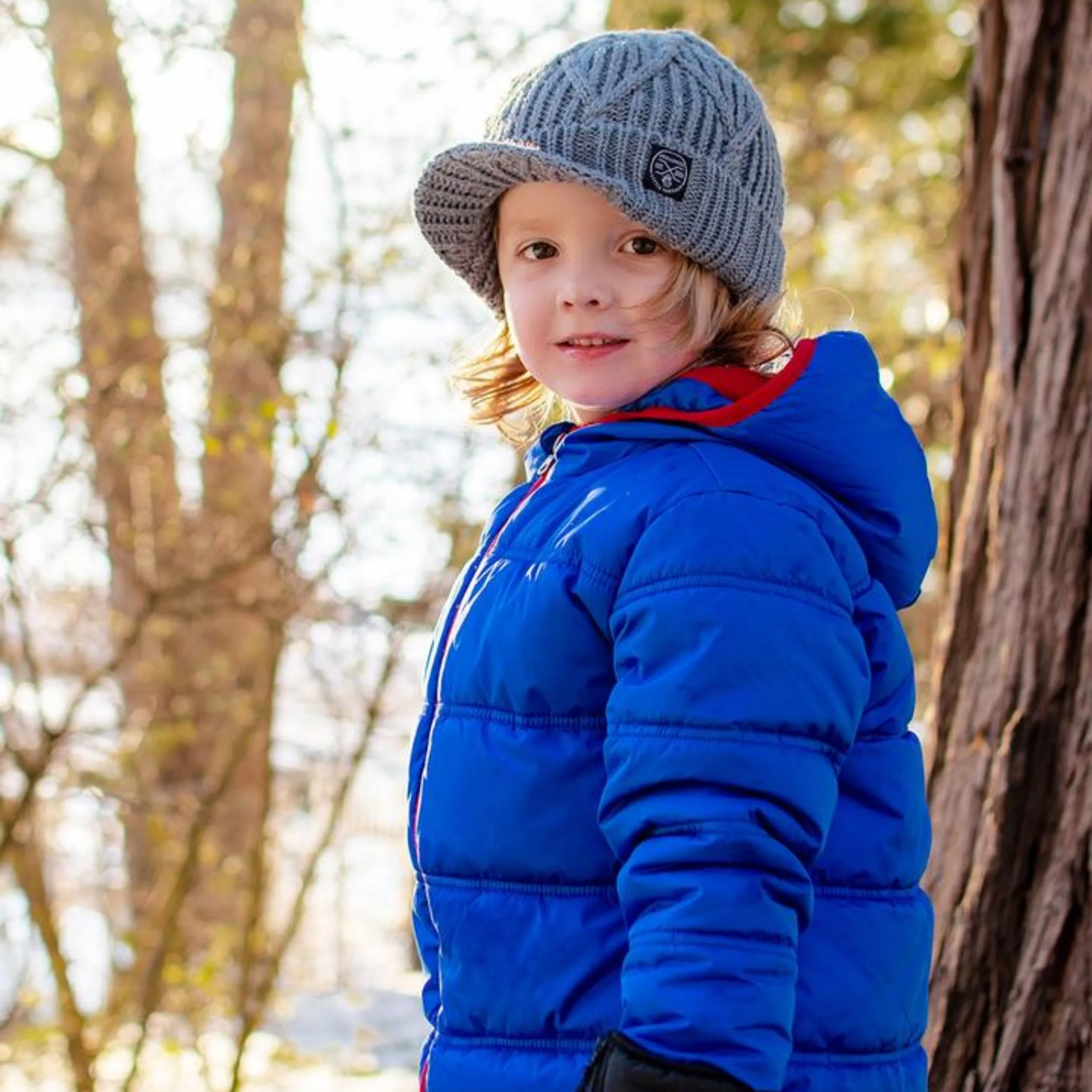 Knuckleheads Gray Boy's Baby Visor Beanie Hat with Stripes Detail, Gray Cable Knit