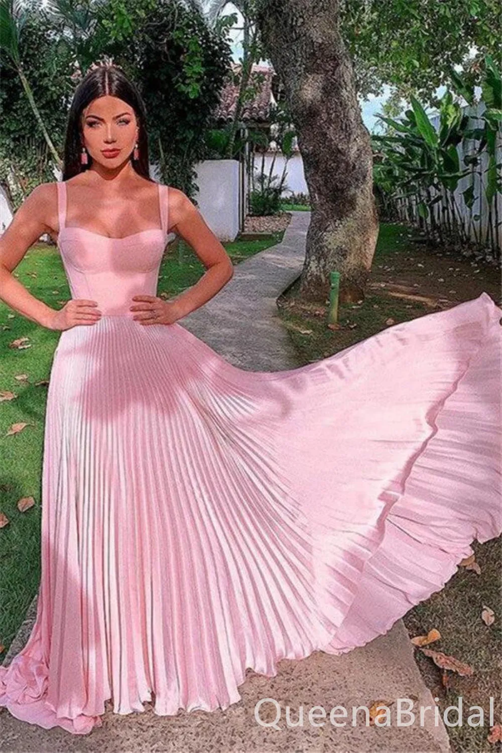 Light Pink A-line Evening Gown Maxi Long Evening Party Prom Dresses with Pleats ,WGP1123