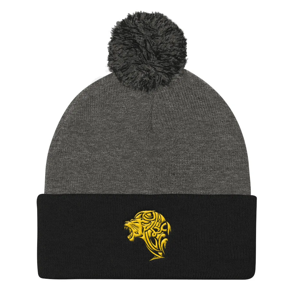 Lion Black & Grey Pom Pom Knit Cap