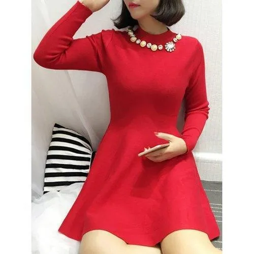 Long Sleeve Beaded Sweater Dress - Red One Size