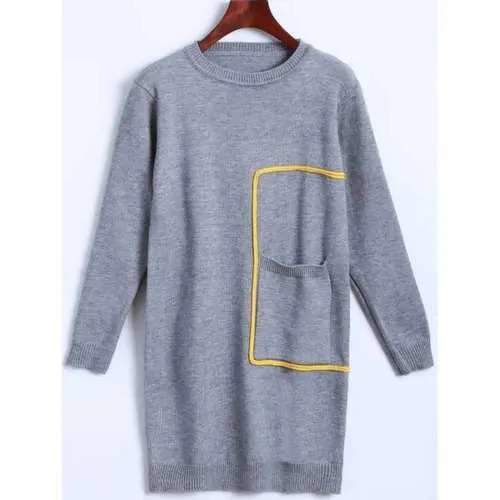 Long Sleeve Crew Neck Mini Sweater Dress - Gray One Size