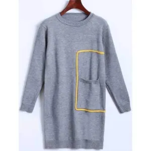 Long Sleeve Crew Neck Mini Sweater Dress - Gray One Size