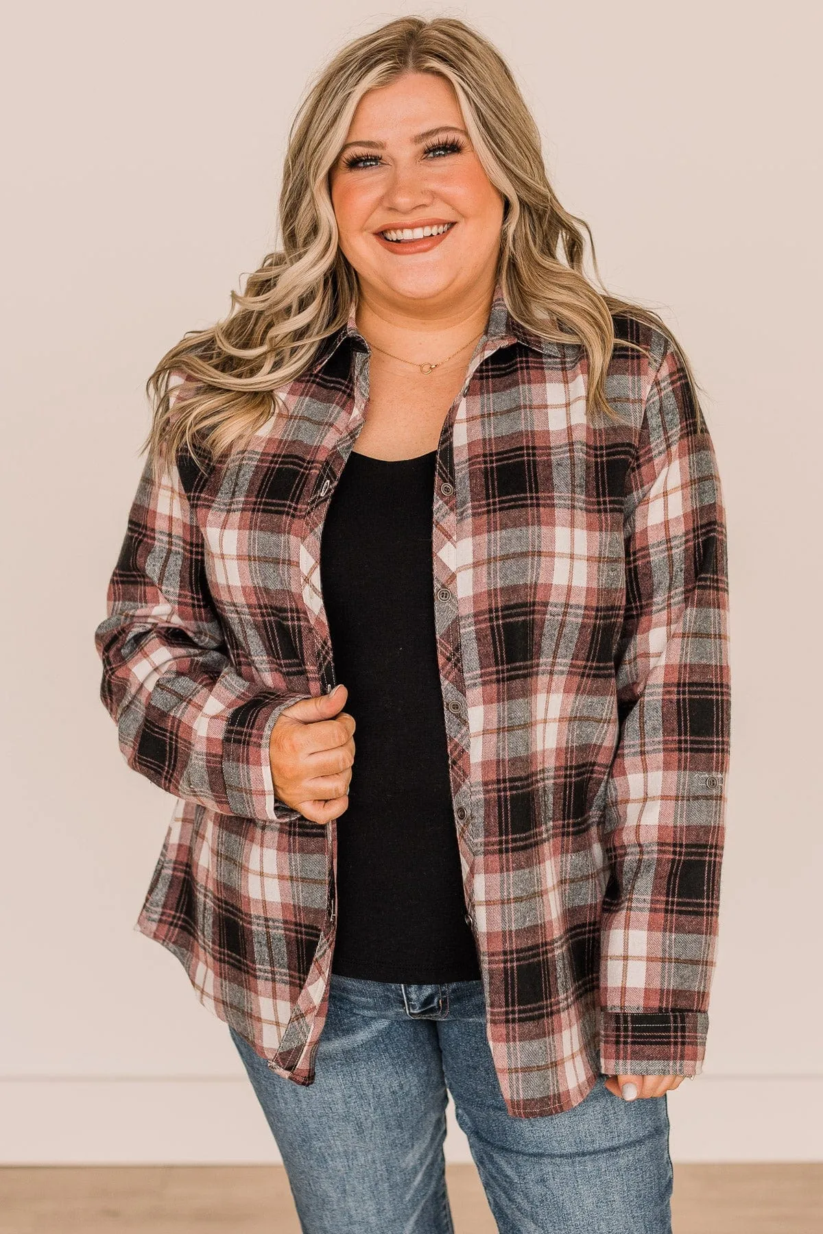 Lovely Seeing You Button Down Flannel- Mauve & Black