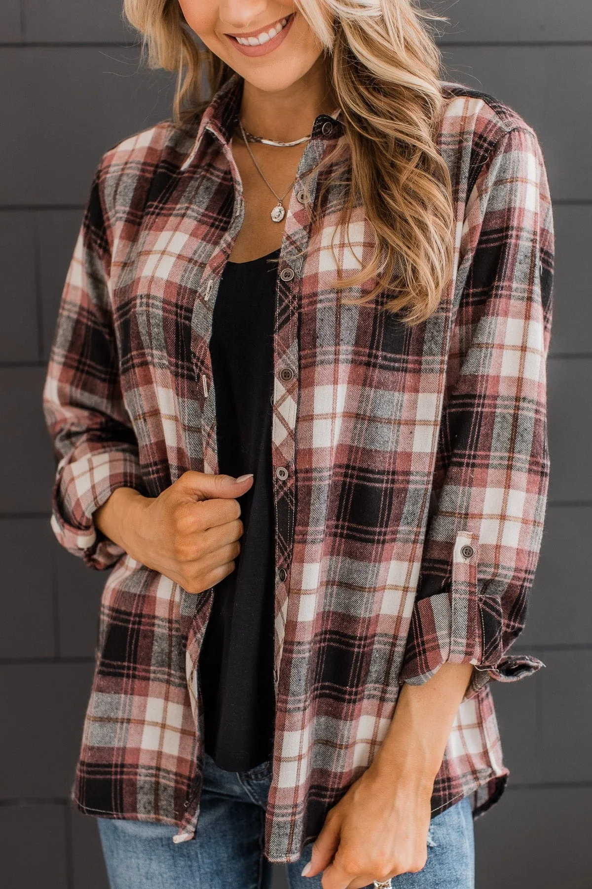 Lovely Seeing You Button Down Flannel- Mauve & Black