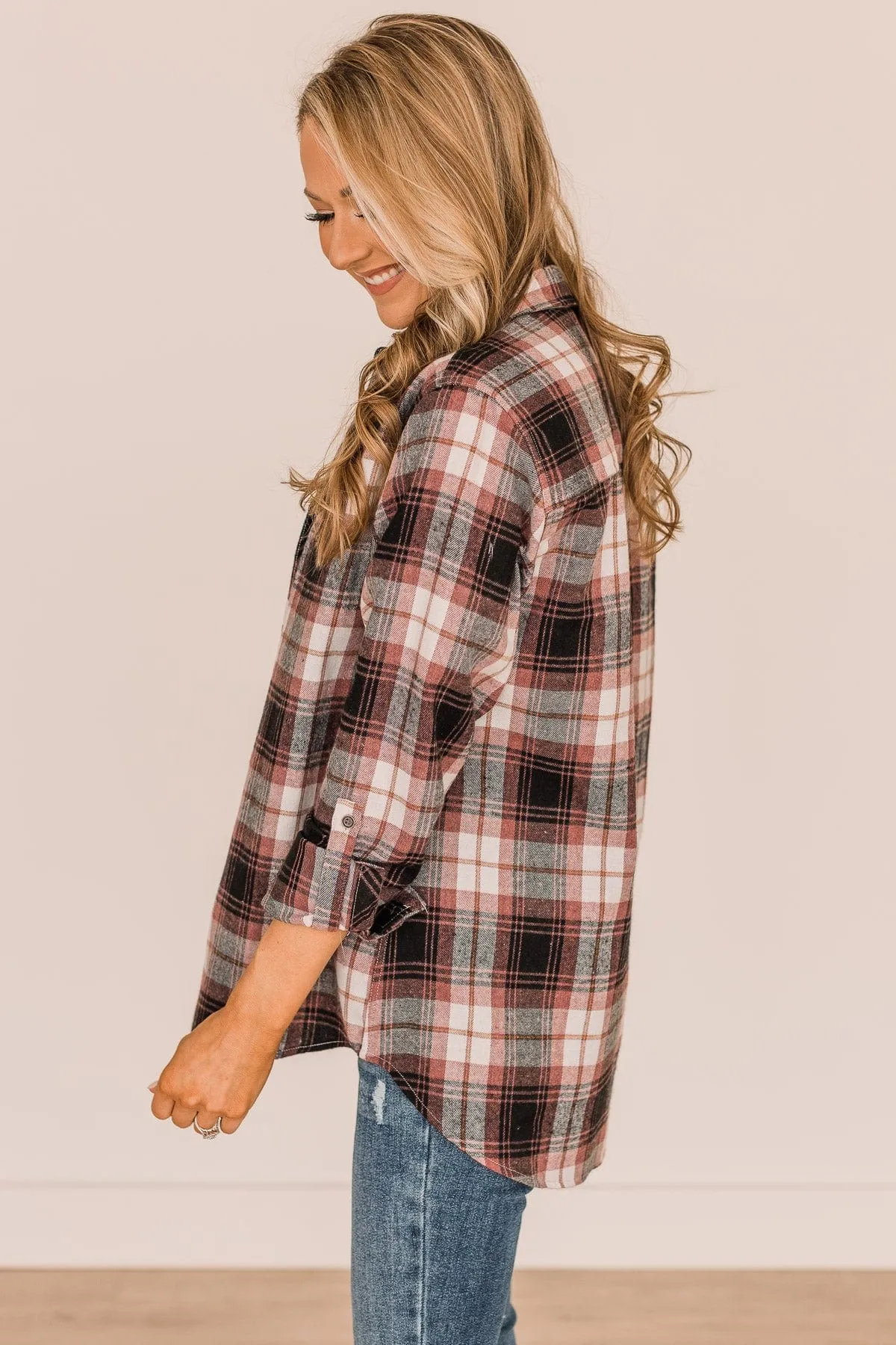 Lovely Seeing You Button Down Flannel- Mauve & Black