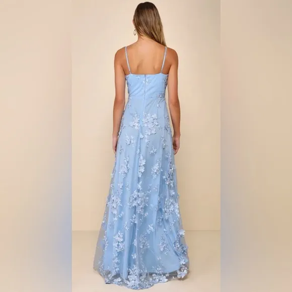 Lulus Rare Presence Powder Blue 3D Floral Surplice Maxi Dress NWOT