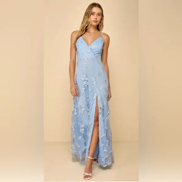 Lulus Rare Presence Powder Blue 3D Floral Surplice Maxi Dress NWOT