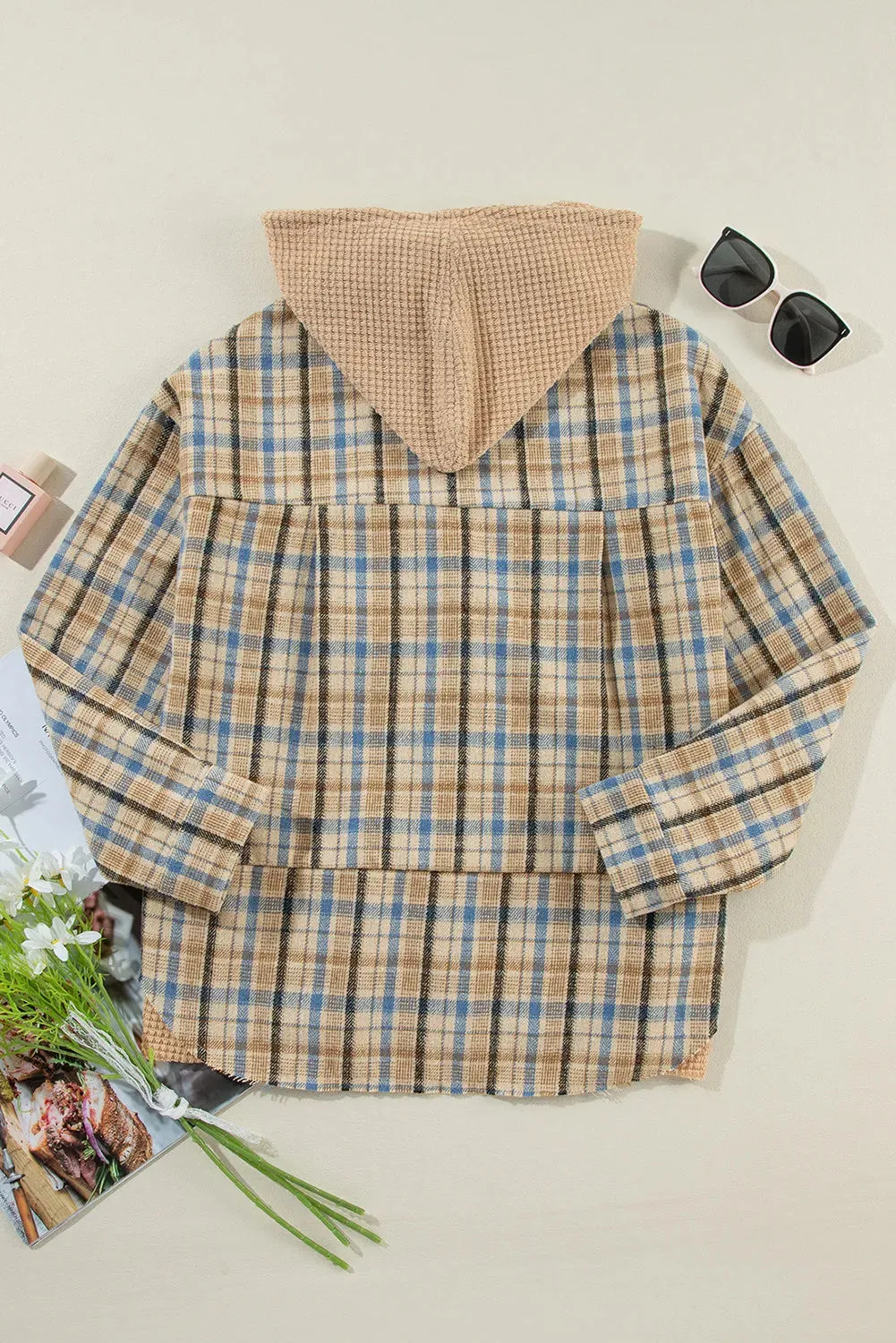 Lumi Drawstring Plaid Button Up Hooded Shacket